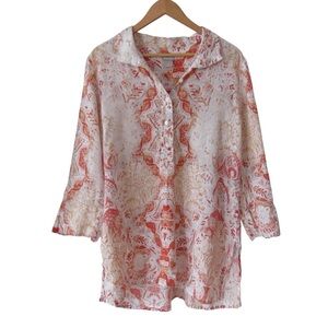 Chicos Linen Tunic Top Large 12/14 Orange White Pullover Breathable Beach Boho
